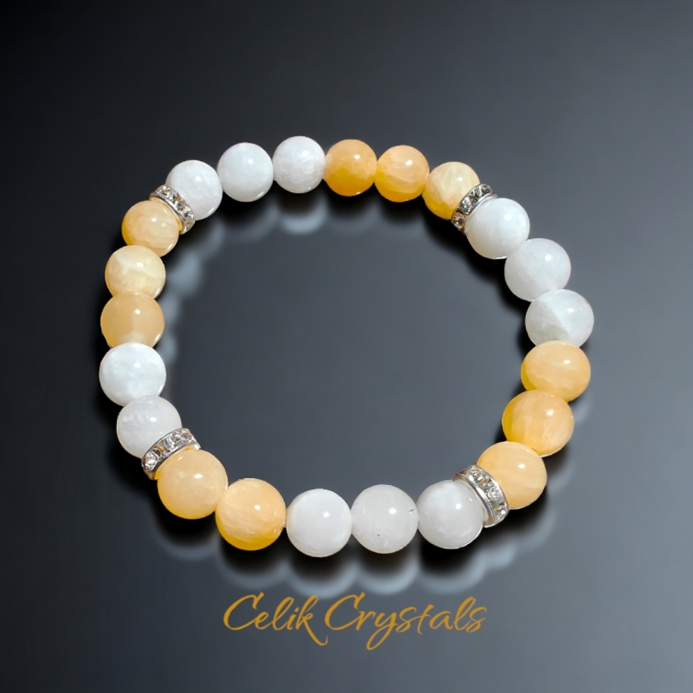 Moonstone Honey Calcite Bracelet Natural Stones 8mm Unisex Stretch Crystals